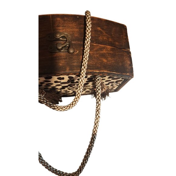 Vintage Wooden Leopard Print Box Purse W/ Braided Handles & Tassels Unique Desig - Picture 5 of 12